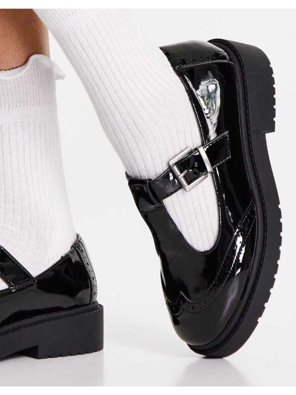 ASOS DESIGN Maisie Women's 7 Black Patent Mary Jane Chunky Lug  Sole Flat Shoe